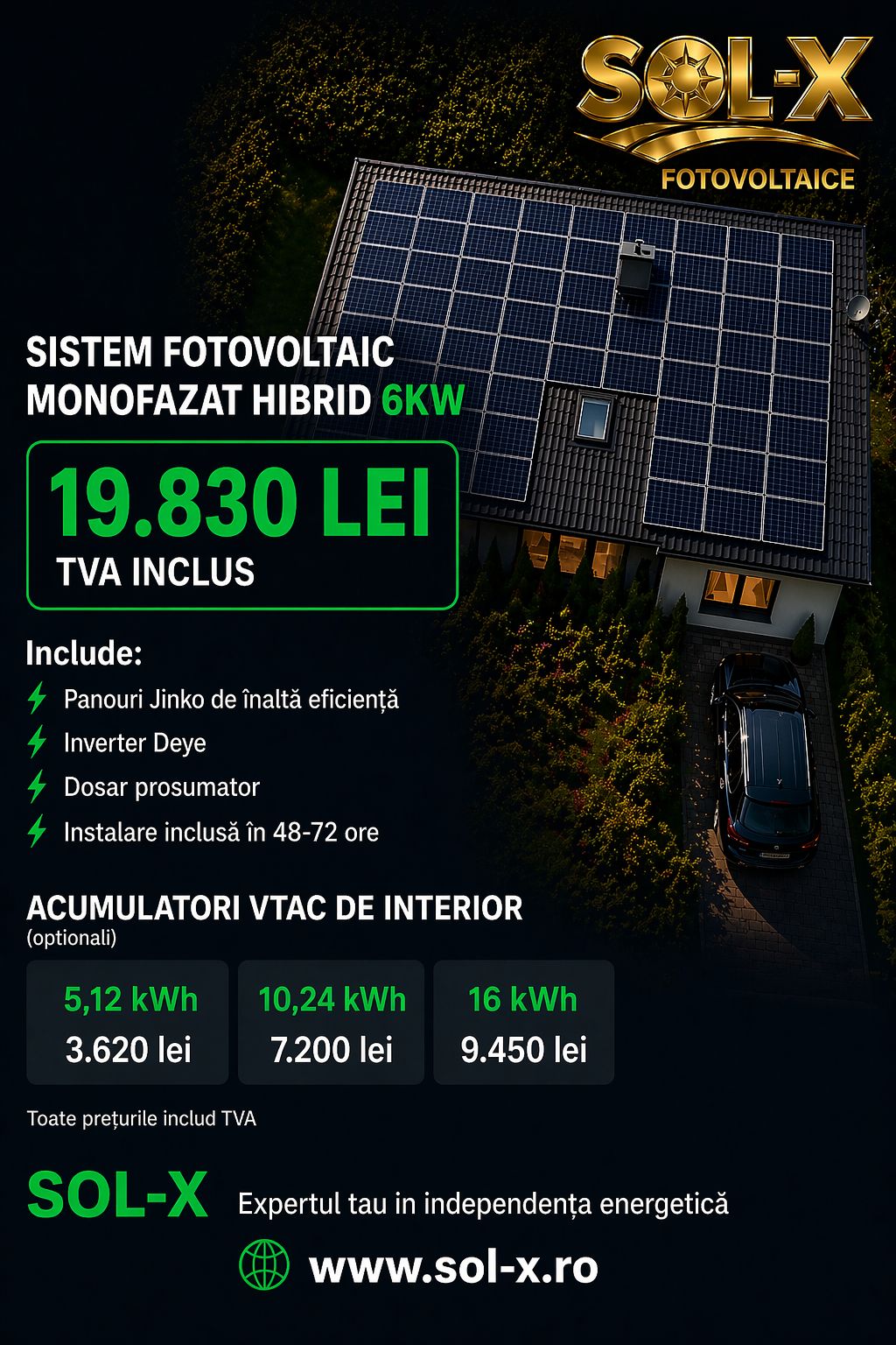 Sistem fotovoltaic monofazat hibrid 6 kW pentru casa rezidentiala